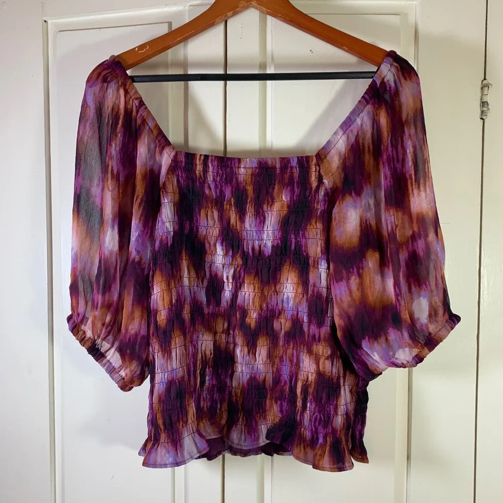 Old Navy Womens XL Purple Smocked Sheer Tie Dye Puff Sleeve‎ Square Neck Top